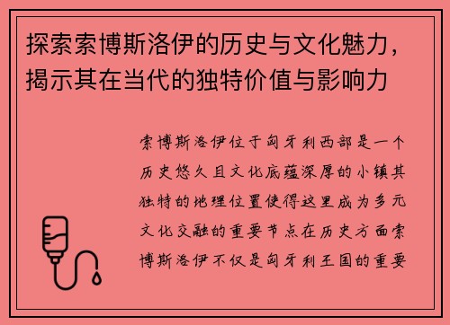 探索索博斯洛伊的历史与文化魅力，揭示其在当代的独特价值与影响力